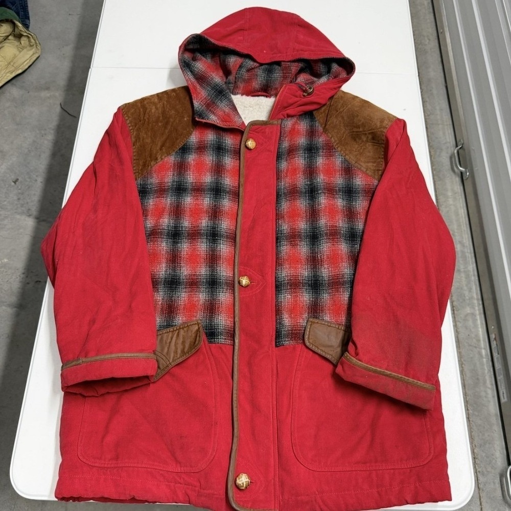 French country express Vintage Hooded Parka Mens Red Plaid Sherpa Field Jacket
